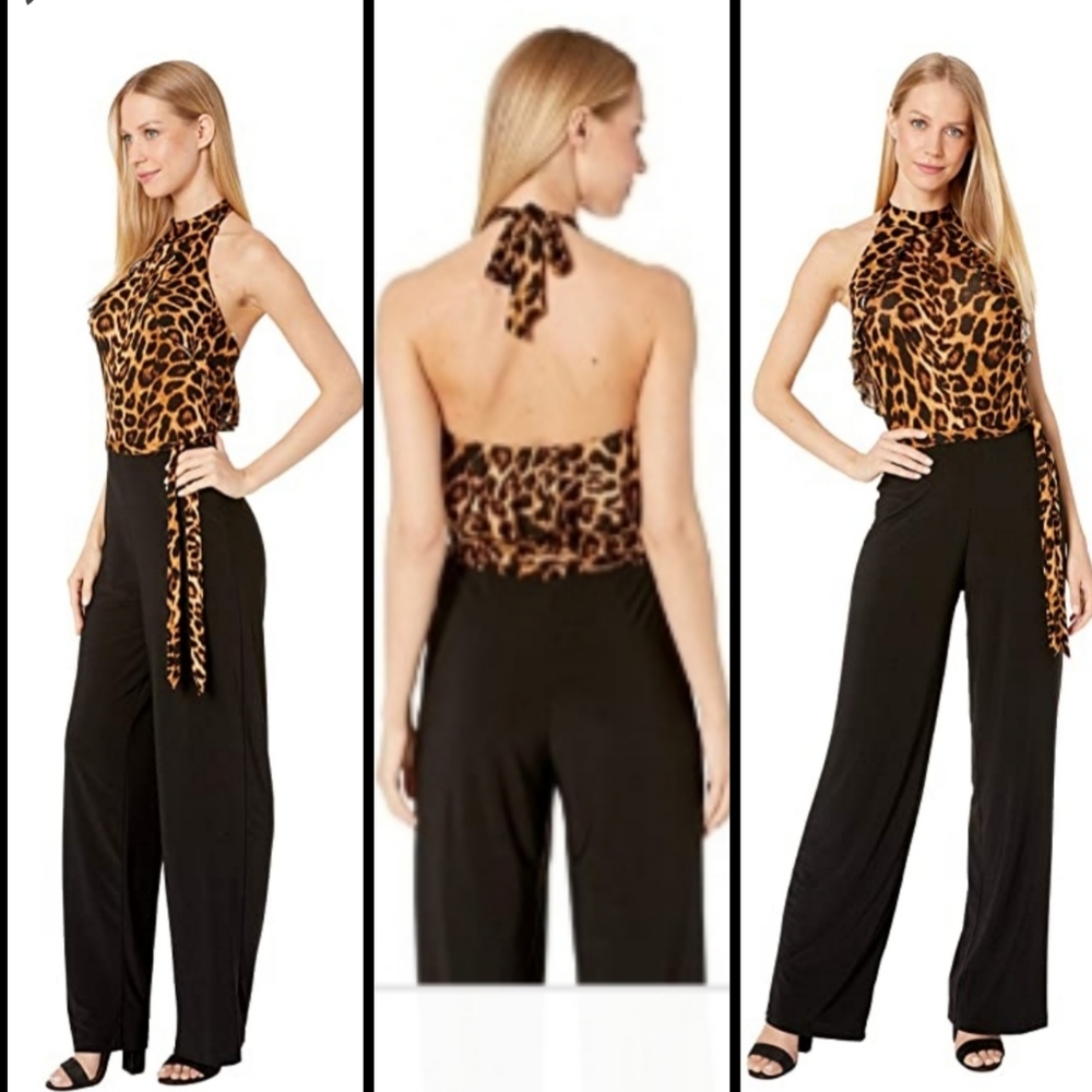 NWT Bebe Black/Leopard Print Halter Jumpsuit